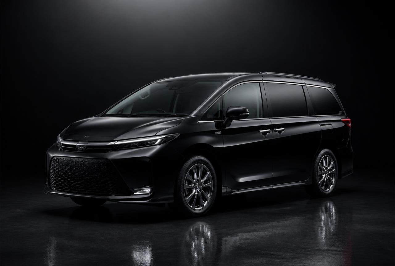 Black seven-seat premium minivan in a dark studio, three-quarter front view