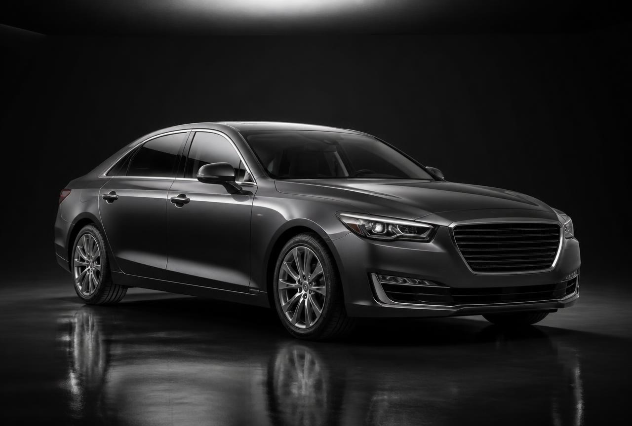 Premium business-class sedan in a dark studio, three-quarter front view